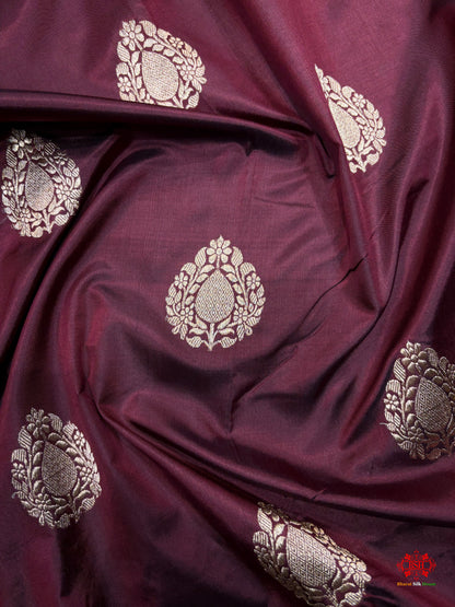 Pure Banarasi  Handloom Katan Silk  Antique Zari Saree In Shades Of Garnet