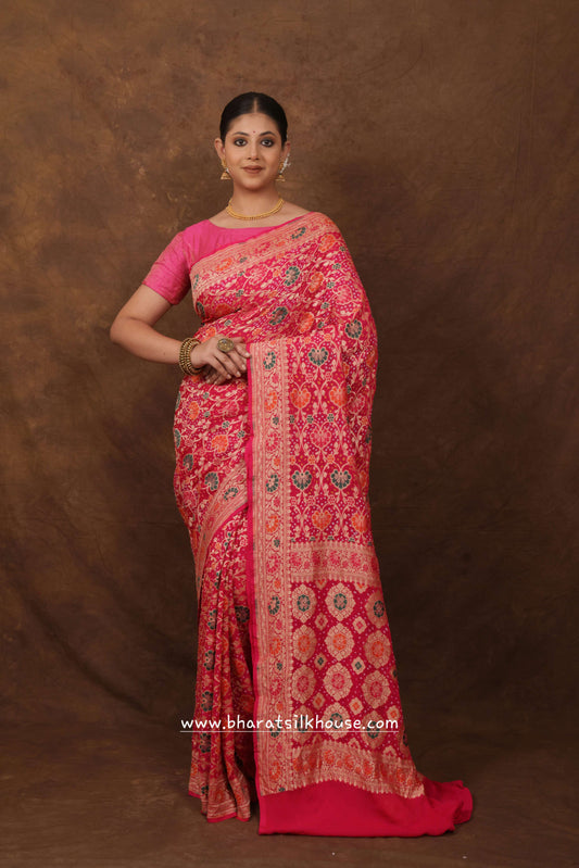 Pure Banarasi Georgette Bandhej Meenakari Handloom Saree In Shades Of Pink