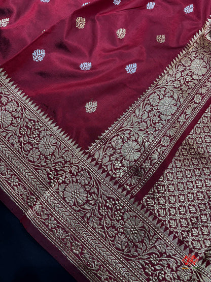 Pure Banarasi  Handloom Katan Silk  Antique Dual Zari Saree In Shades Of Maroon