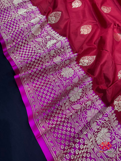 Pure Banarasi  Handloom Katan Silk Antique Zari Saree In Shades Of Red