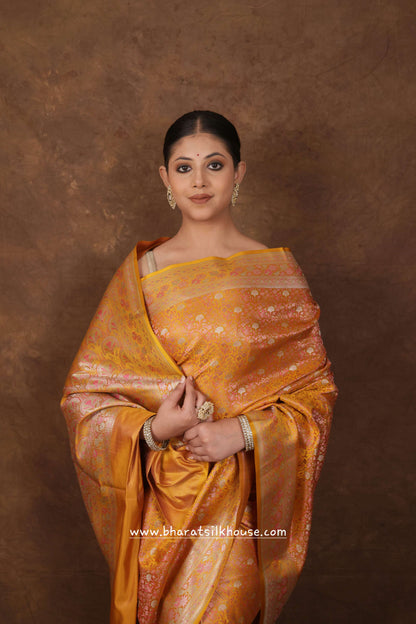 Shades Of Mustard Yellow Dohri Resham Zari  Booti Tanchoi Silk Saree