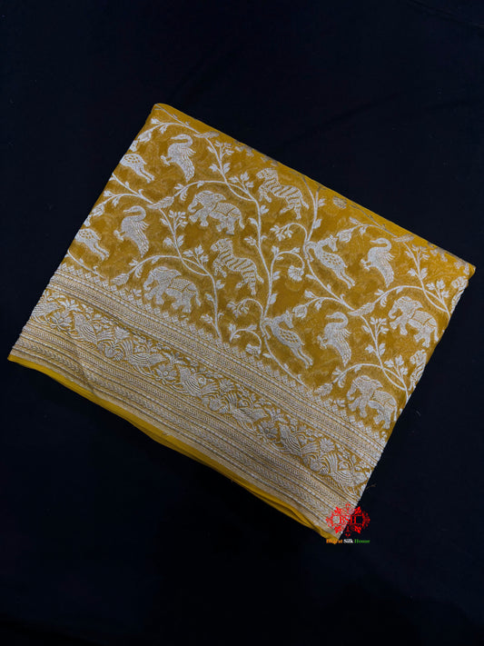 Shade Of Yellow Pure Chiffon Metallic Zari Pure Banarasi Silk Saree