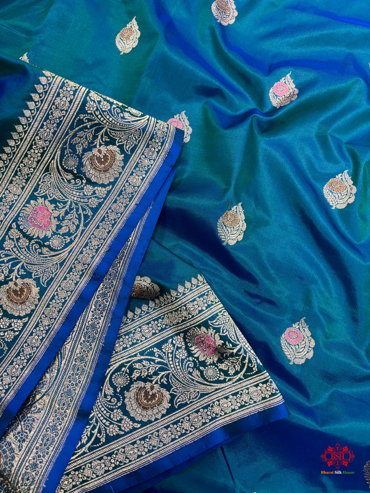 Pure Banarasi  Handloom Katan Silk Antique Meena Zari Saree In Shades Of Blue