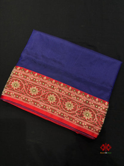 Pure Banarasi  Handloom Katan Silk  Reshami Zari Saree In Shades Of Navy Blue With Red Border