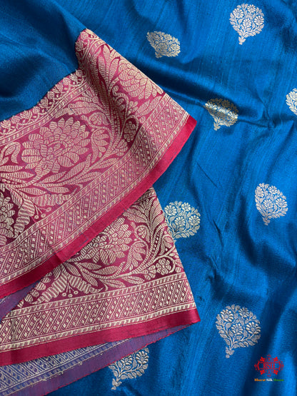 Blue Shade Pure Banarasi Tusser Moonga Silk Saree