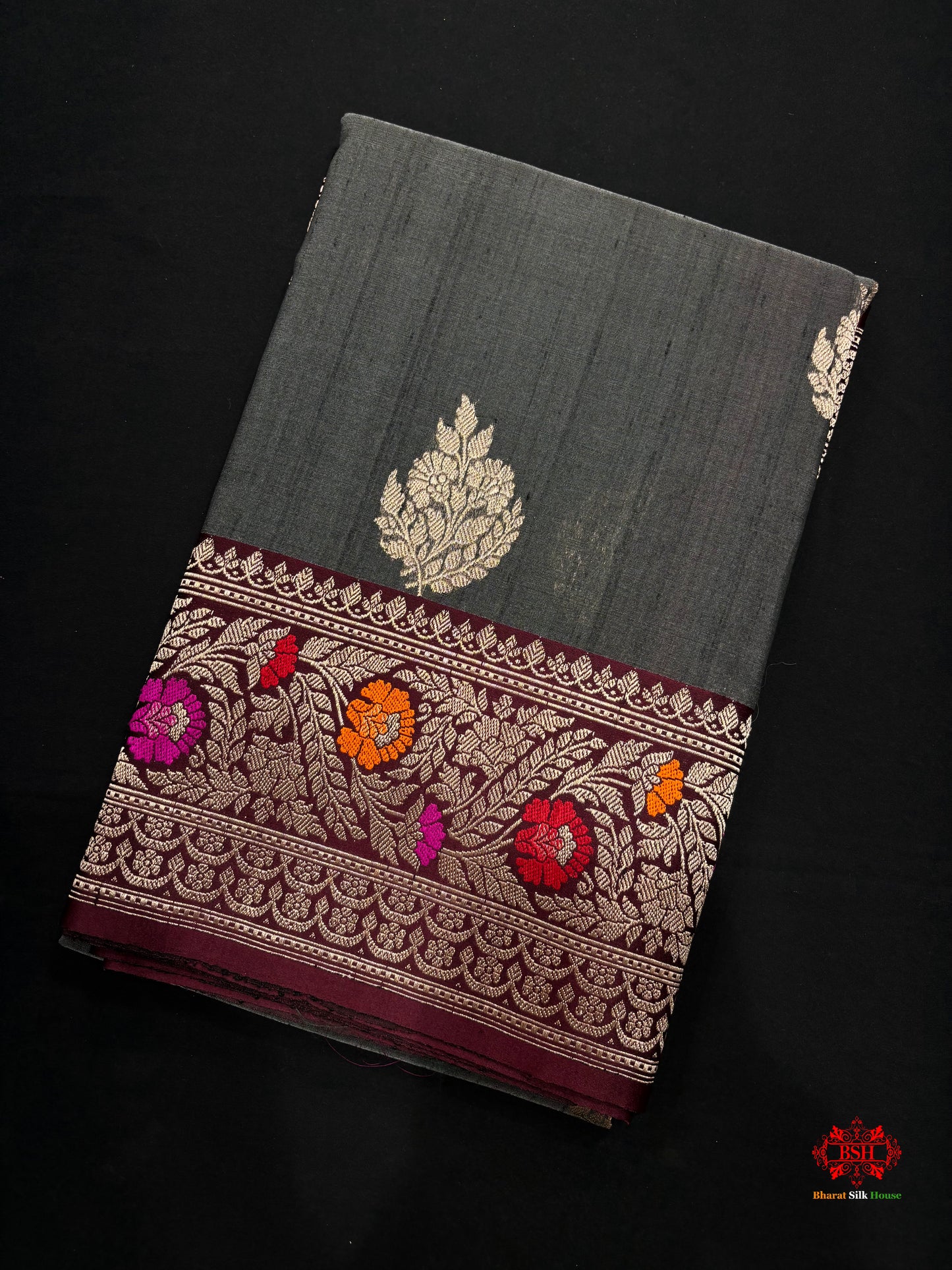 Black Shade With Meena Border Pure Banarasi Tusser Moonga Silk Saree