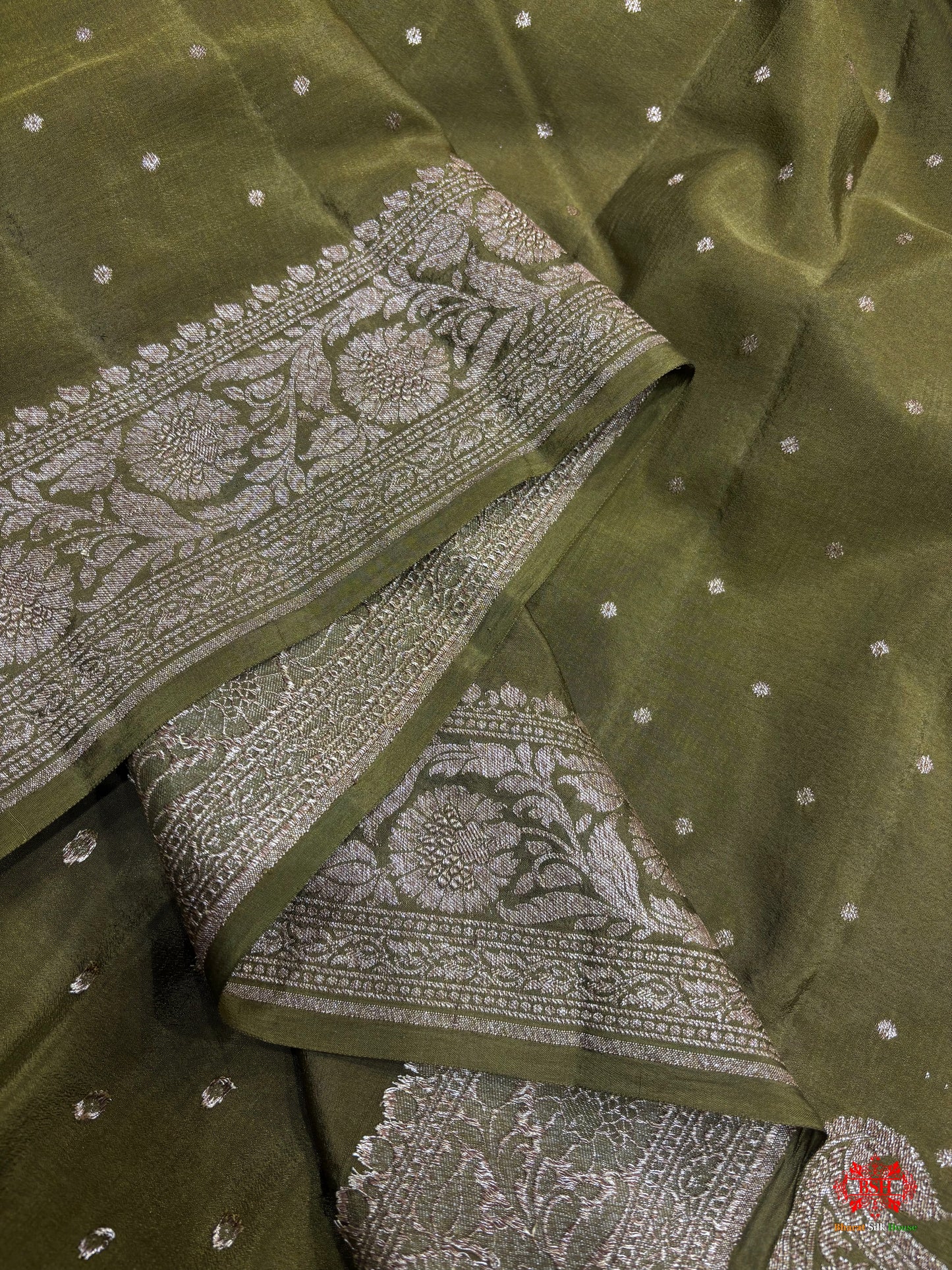 Pure Silk Crape Khaddi Georgette Saree With Antique Zari In Shades Of Green