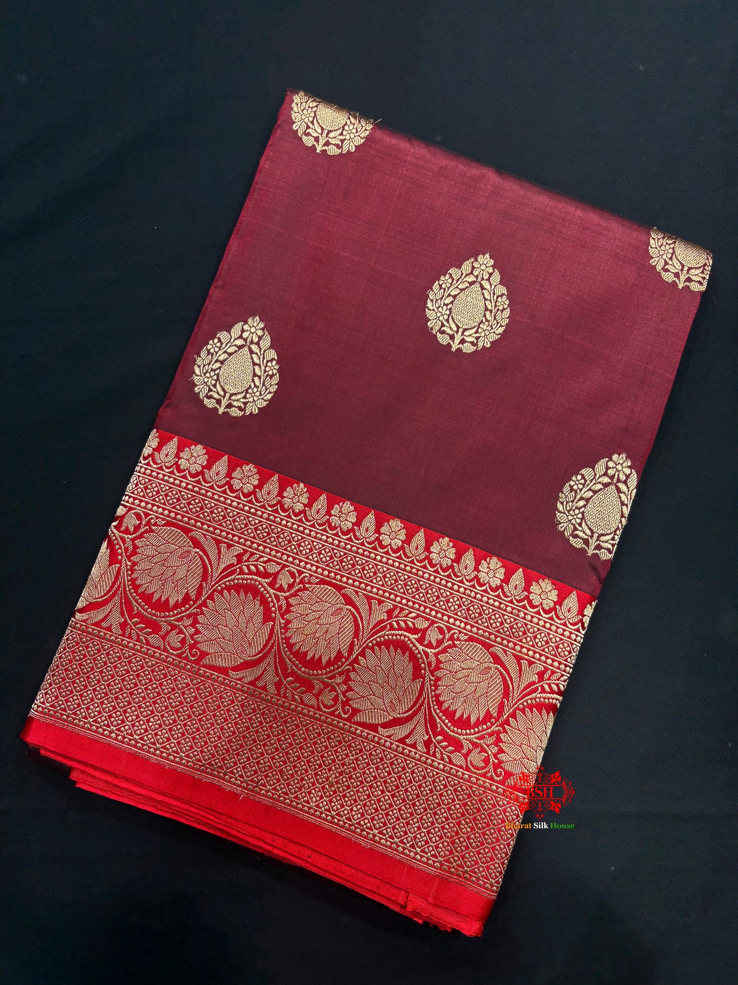 Pure Banarasi  Handloom Katan Silk  Antique Zari Saree In Shades Of Garnet