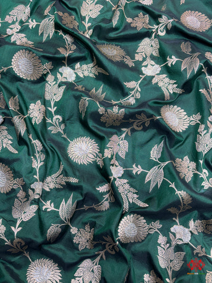 Handloom Banarasi Pure Katan Silk Opara Sona Rupa Dual Zari Saree Floral Jaal In Shades Of Green