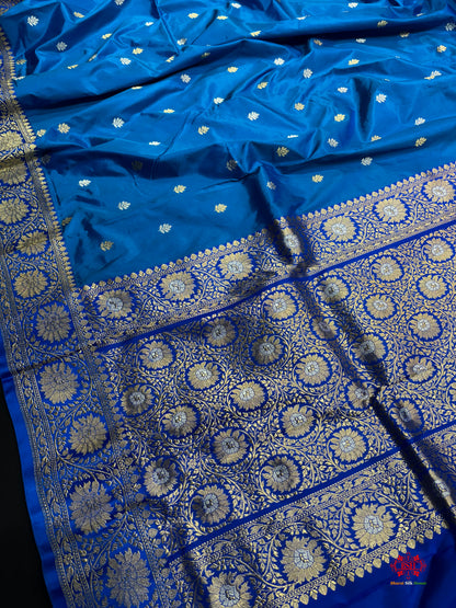 Pure Banarasi  Handloom Katan Silk  Antique Dual Zari Saree In Shades Of Blue