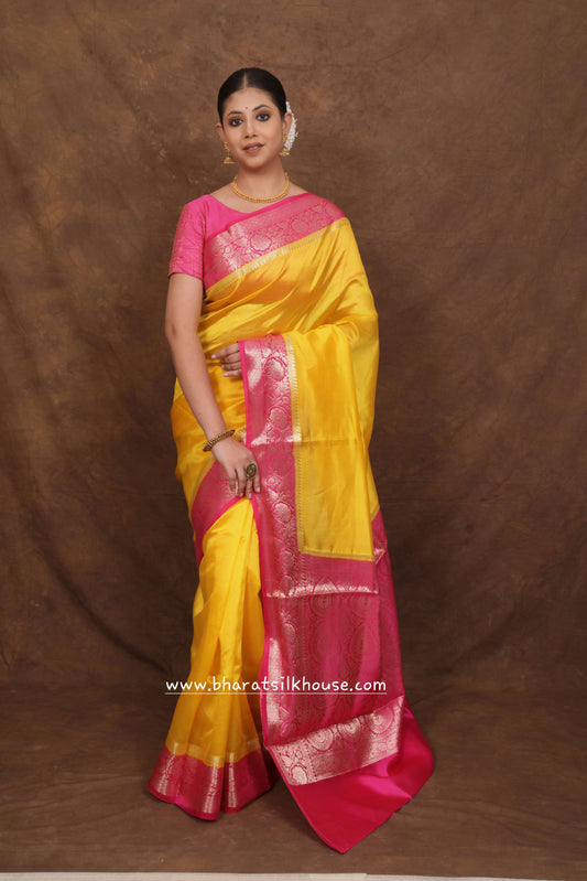 Yellow With Pink Border Pure Dupion Silk Saree