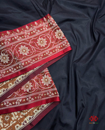 Pure Banarasi  Handloom Katan Silk Reshami Zari Saree In Shades Of Black With Red Border