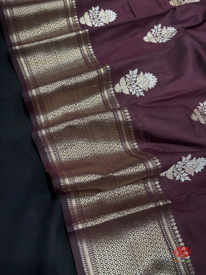 Pure Banarasi  Handloom Katan Silk  Antique Dual Zari Saree In Shades Of Garnet