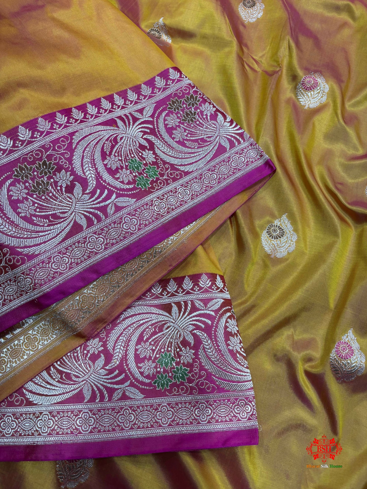 Pure Banarasi  Handloom Katan Silk Antique Meena Zari Saree In Cross Shades Of Yellow/Pink