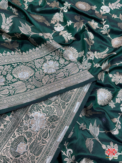 Handloom Banarasi Pure Katan Silk Opara Sona Rupa Dual Zari Saree Floral Jaal In Shades Of Green