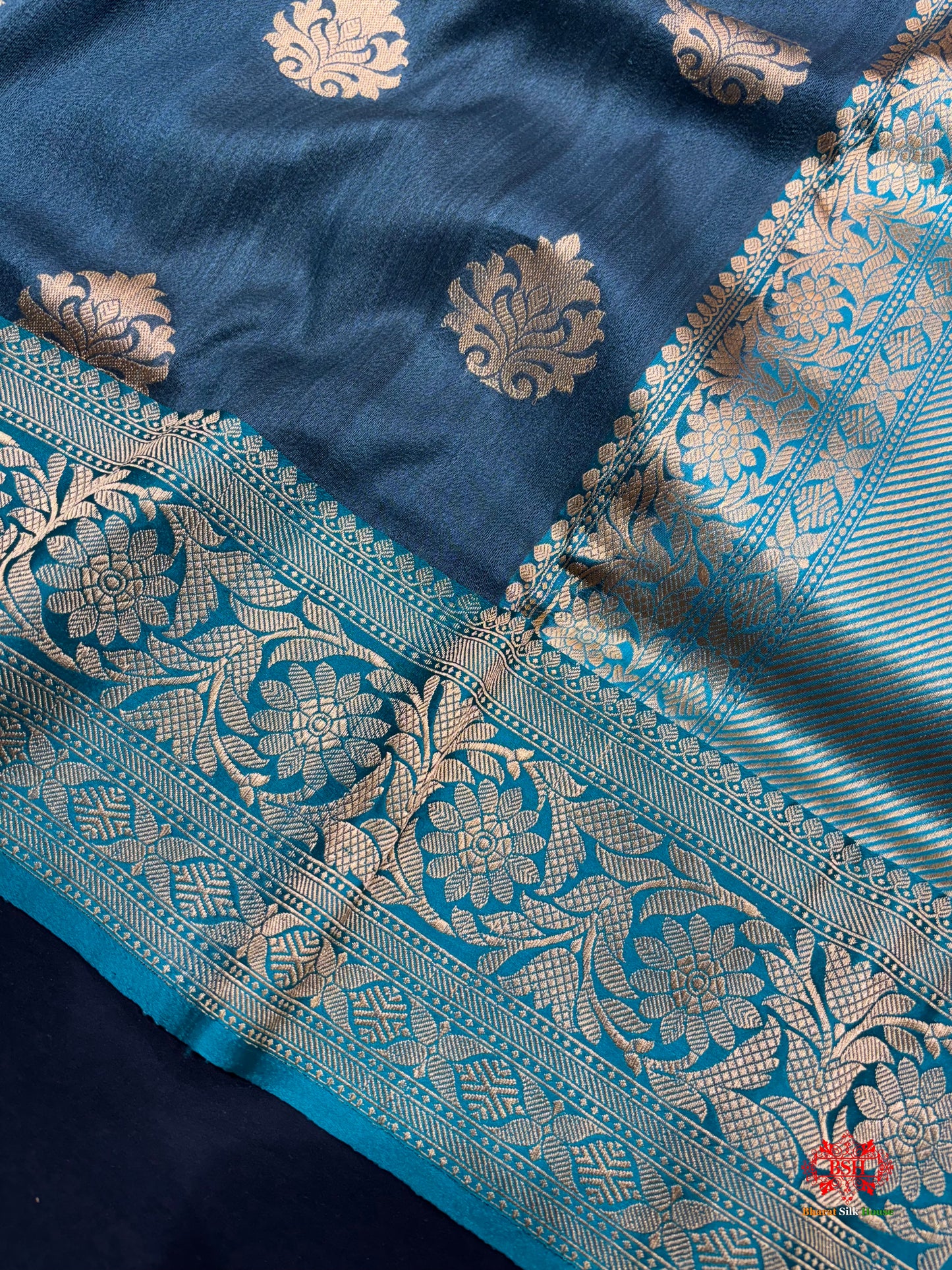 Blue Shade Pure Banarasi Tusser Moonga Silk Saree