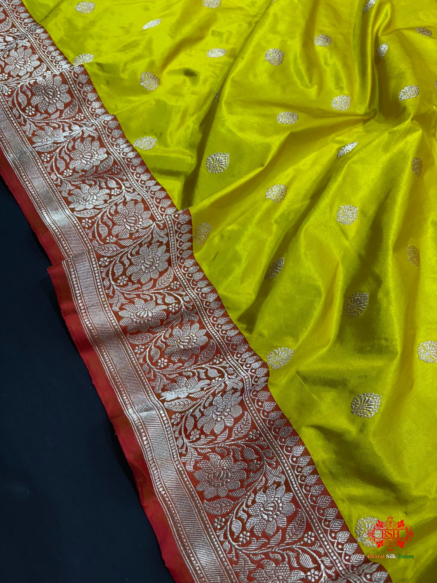 Pure Banarasi  Handloom Katan Silk Antique Zari Saree In Shades Of Yellow