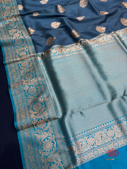 Blue Shade Pure Banarasi Tusser Moonga Silk Saree