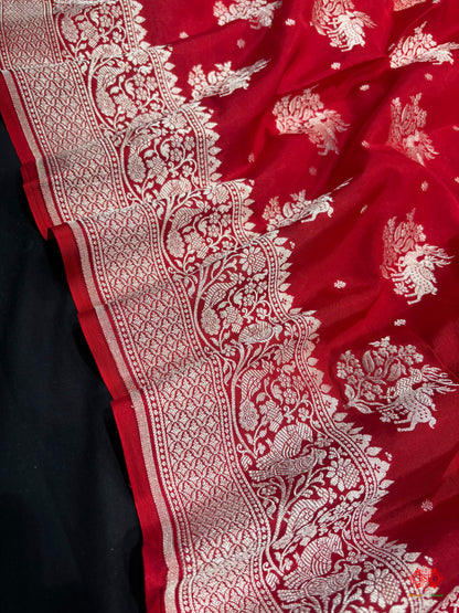 Pure Silk Crape Khaddi Georgette Saree With Antique Zari In Shades Of Blush Red