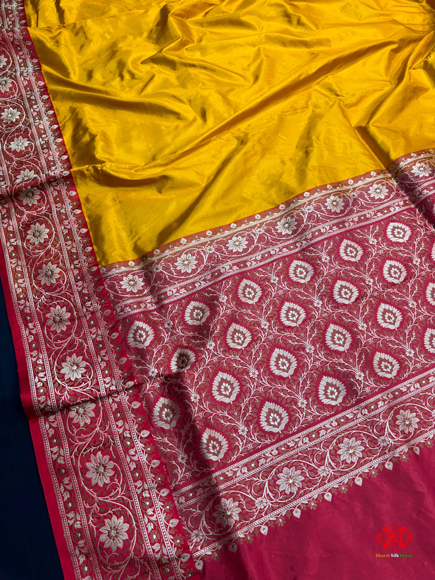 Pure Banarasi  Handloom Katan Silk Reshami Zari Saree In Shades Of Mustard Yellow With Red Border