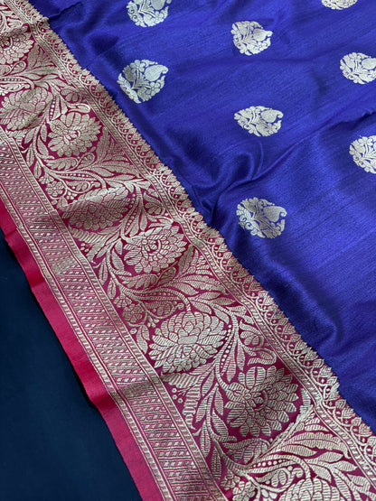 Blue Shade Pure Banarasi Tusser Moonga Silk Saree