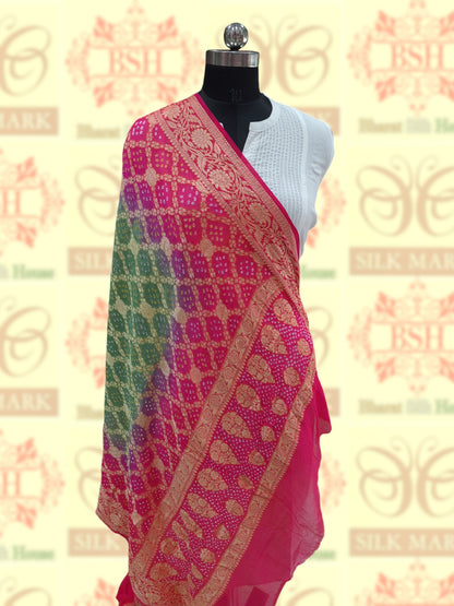 Pink/Pista Green Georgette Banarasi Handloom Bandhani Dupatta - Bharat Silk House Bandhej