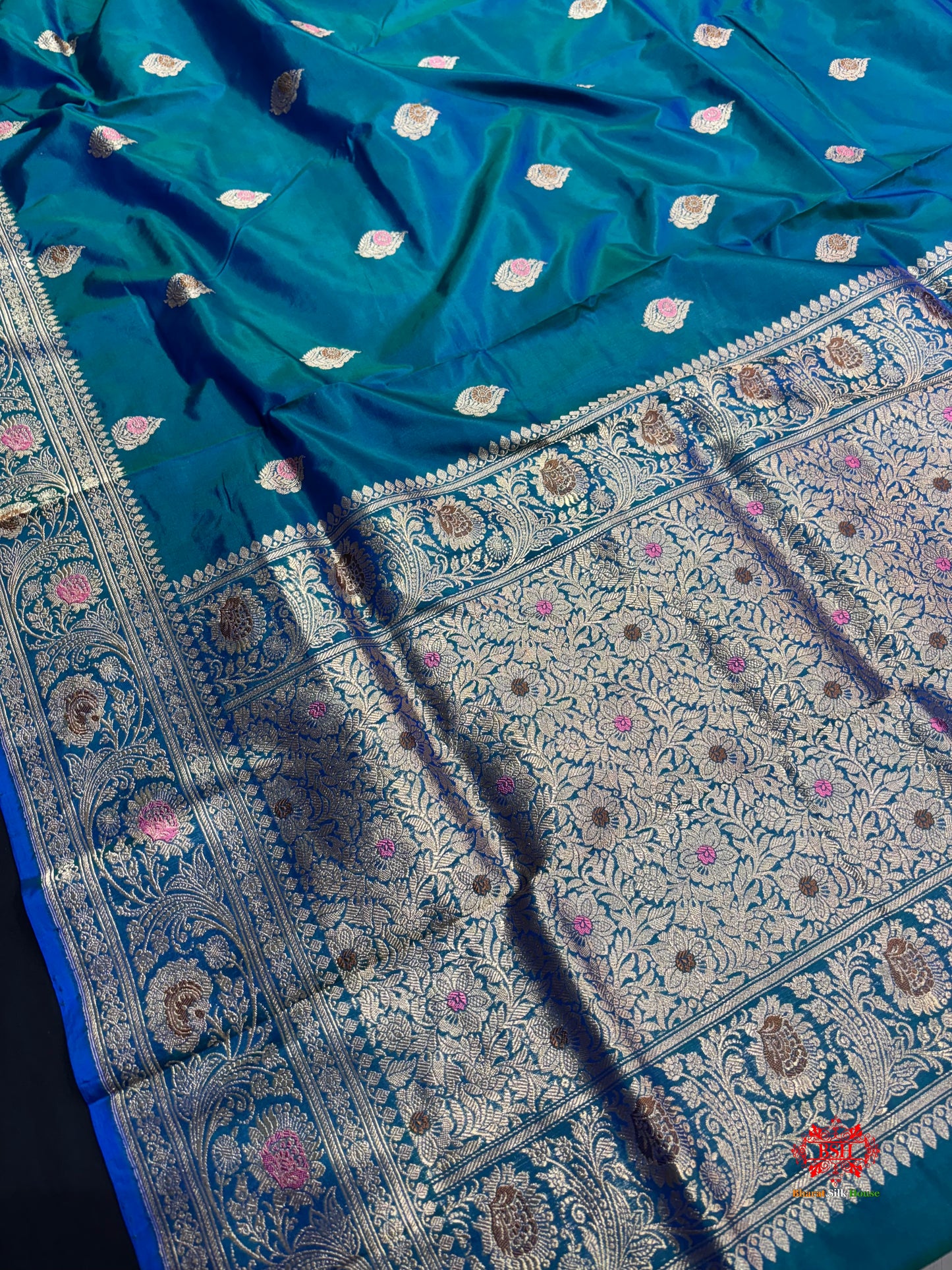 Pure Banarasi  Handloom Katan Silk Antique Meena Zari Saree In Shades Of Blue