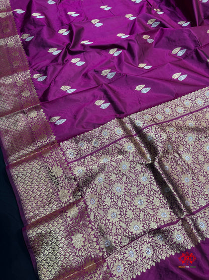 Pure Banarasi  Handloom Katan Silk  Antique Dual Zari Saree In Shades Of Wine