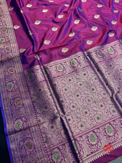 Pure Banarasi  Handloom Katan Silk Antique Meena Zari Saree In Cross Shades Of Pink/Blue