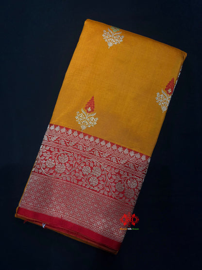 Pure Banarasi  Handloom Katan Silk Antique Zari Meenakari Saree In Shades Of Mustard