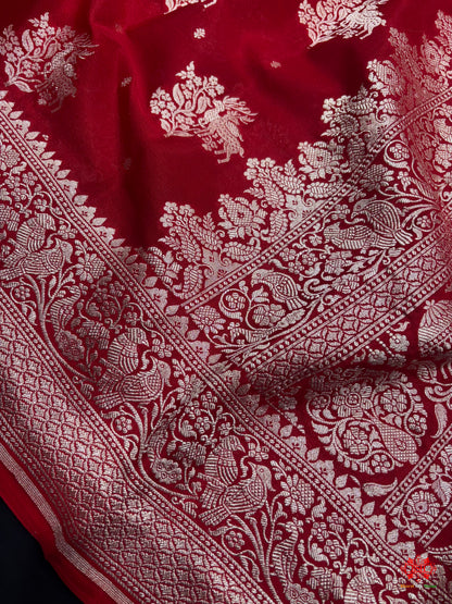 Pure Silk Crape Khaddi Georgette Saree With Antique Zari In Shades Of Blush Red