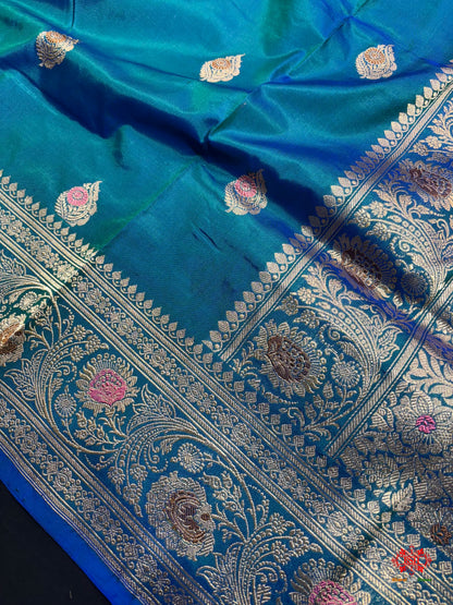 Pure Banarasi  Handloom Katan Silk Antique Meena Zari Saree In Shades Of Blue