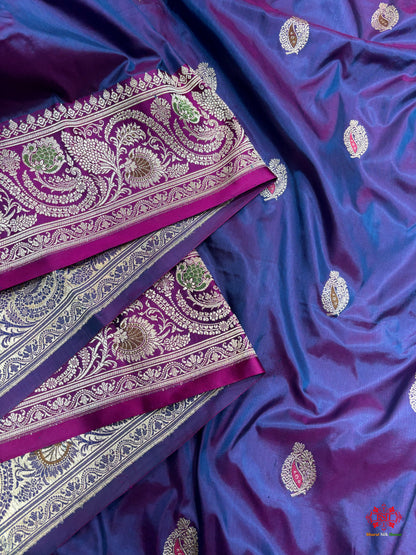 Pure Banarasi  Handloom Katan Silk Antique Meena Zari Saree In Cross Shades Of Blue/Pink