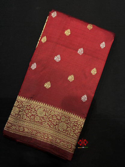 Pure Banarasi  Handloom Katan Silk  Antique Dual Zari Saree In Shades Of Maroon