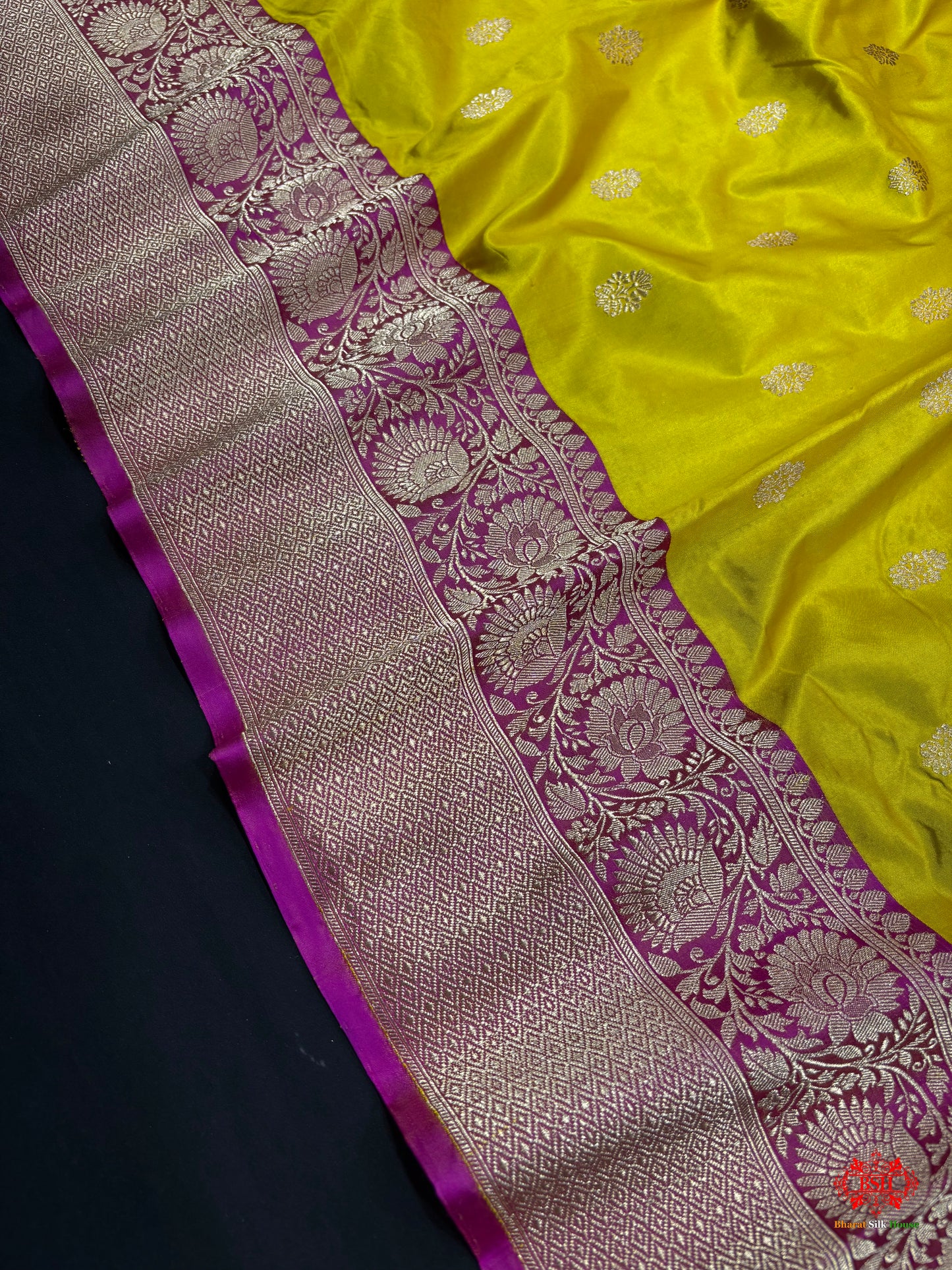 Pure Banarasi  Handloom Katan Silk Antique Zari Saree In Shades Of Yellow