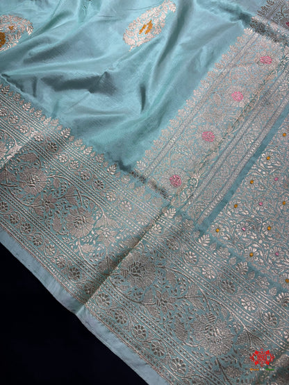 Pure Banarasi  Handloom Katan Silk Antique Zari Meenakari Saree In Shades Of Firozi