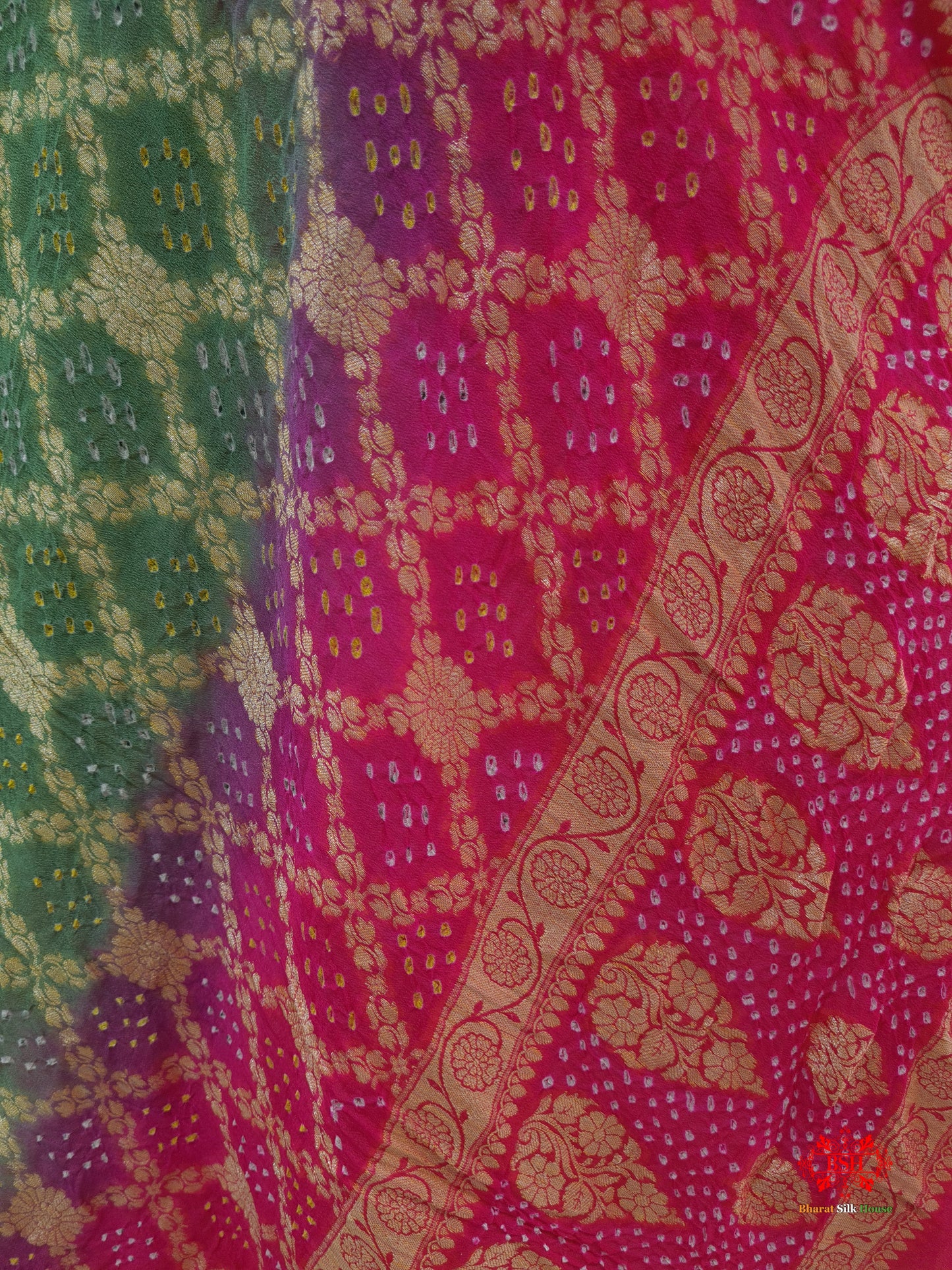 Pink/Pista Green Georgette Banarasi Handloom Bandhani Dupatta - Bharat Silk House Bandhej