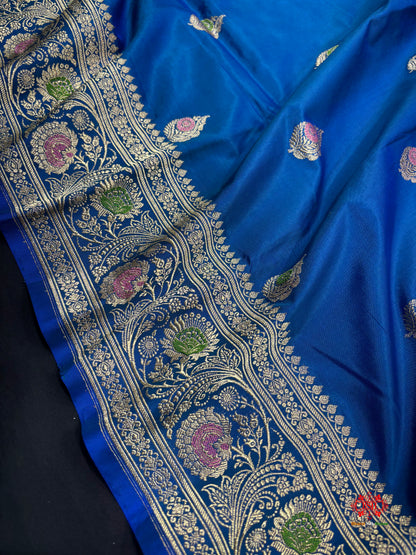 Pure Banarasi  Handloom Katan Silk Antique Meena Zari Saree In Shades Of Blue