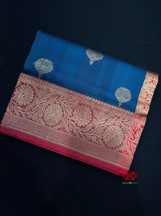 Blue Shade Pure Banarasi Tusser Moonga Silk Saree