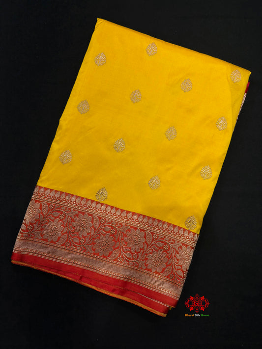 Pure Banarasi  Handloom Katan Silk Antique Zari Saree In Shades Of Yellow