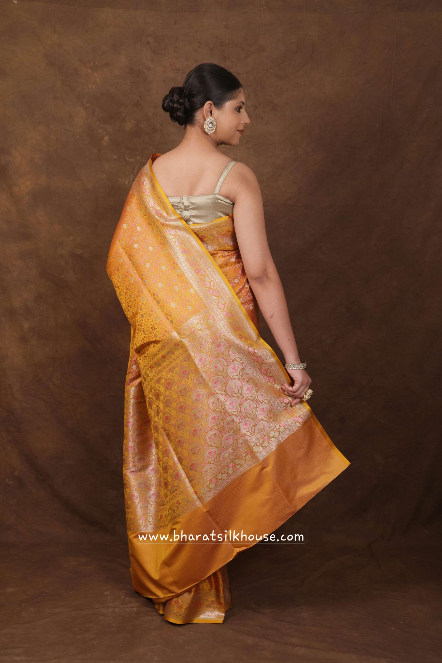 Shades Of Mustard Yellow Dohri Resham Zari  Booti Tanchoi Silk Saree