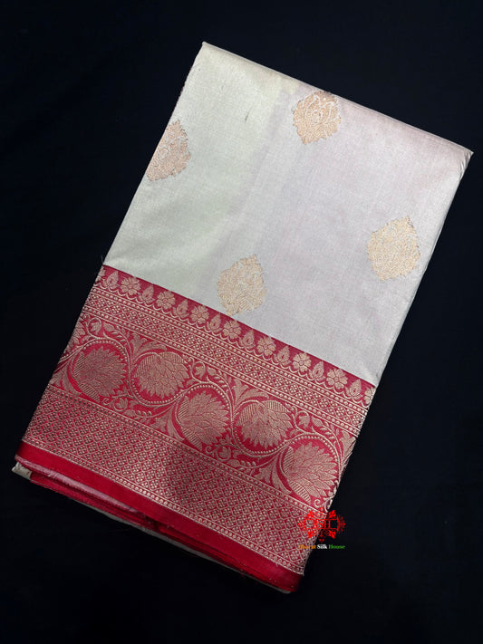 Pure Banarasi  Handloom Katan Silk  Antique Zari Saree In Shades Of White