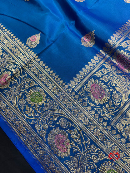 Pure Banarasi  Handloom Katan Silk Antique Meena Zari Saree In Shades Of Blue