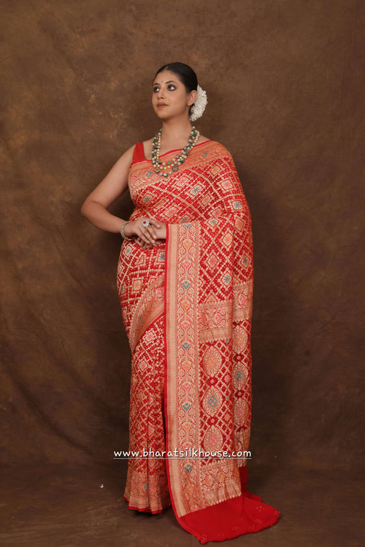 Pure Banarasi Georgette Bandhej Meenakari Handloom Saree In Shades Of Red