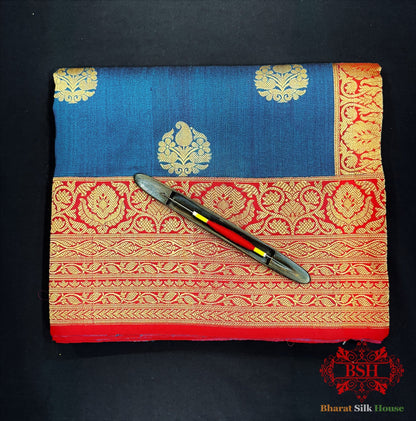 Royal Blue Pure Tussar Moonga Silk Handloom Saree With Zari Border - Bharat Silk House Tussar