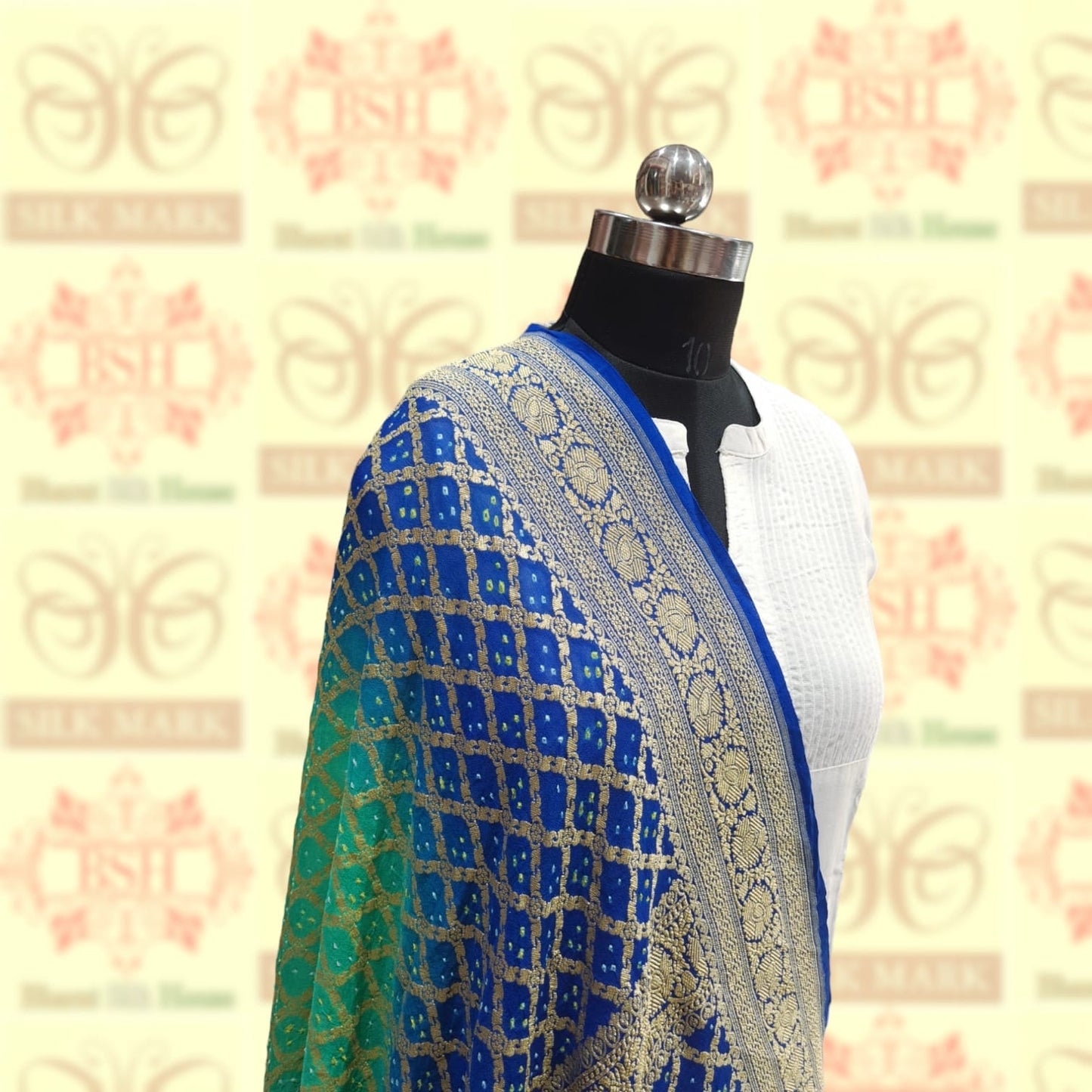 Royal Blue/Firozi Georgette Banarasi Handloom Bandhani Dupatta - Bharat Silk House Bandhej