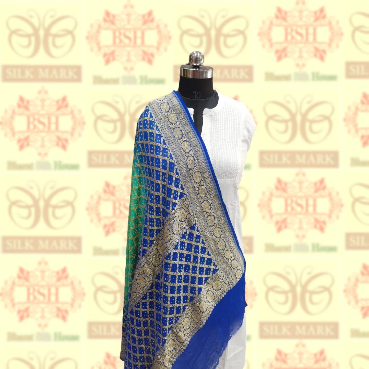 Royal Blue/Firozi Georgette Banarasi Handloom Bandhani Dupatta - Bharat Silk House Bandhej