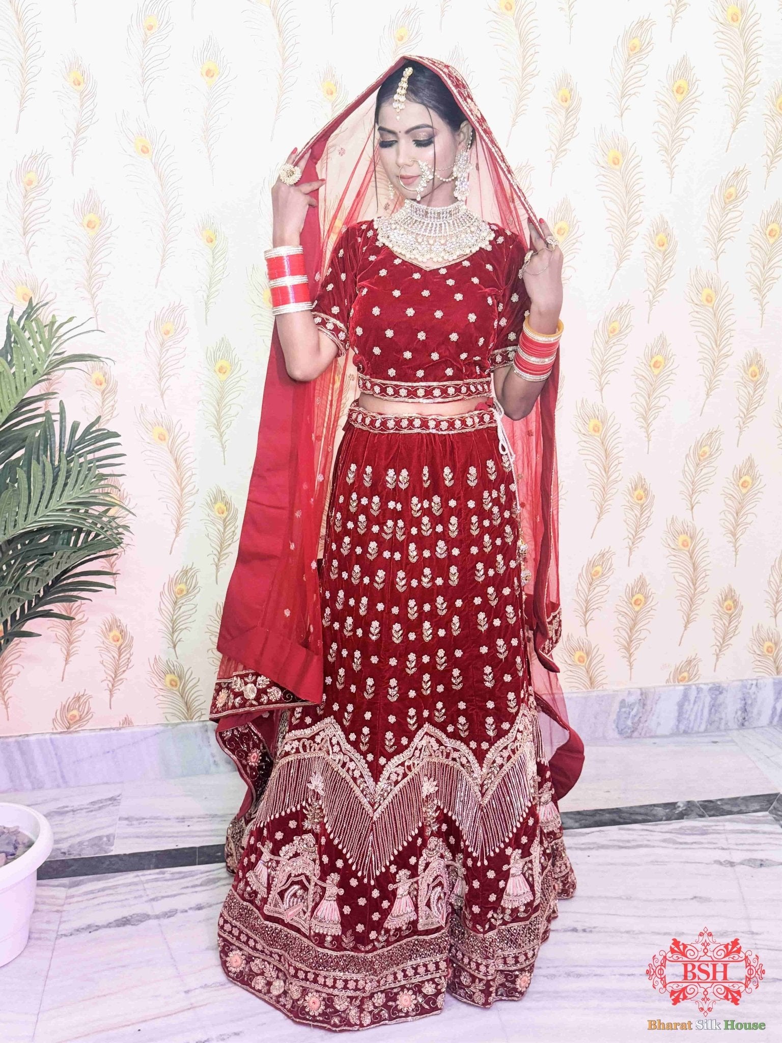 Rust Red Embroidered Bridal Lehenga - Bharat Silk House Bridal Lehenga