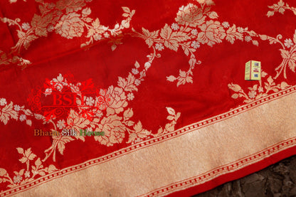 Salmon Red Banarasi Pure Kataan Silk Floral Pattern Dupatta - Bharat Silk House Pure Silk Dupatta