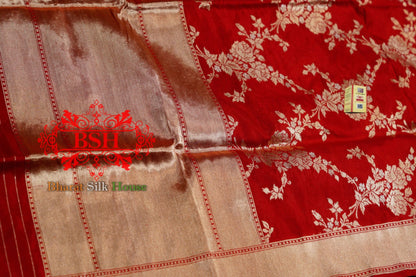 Salmon Red Banarasi Pure Kataan Silk Floral Pattern Dupatta - Bharat Silk House Pure Silk Dupatta